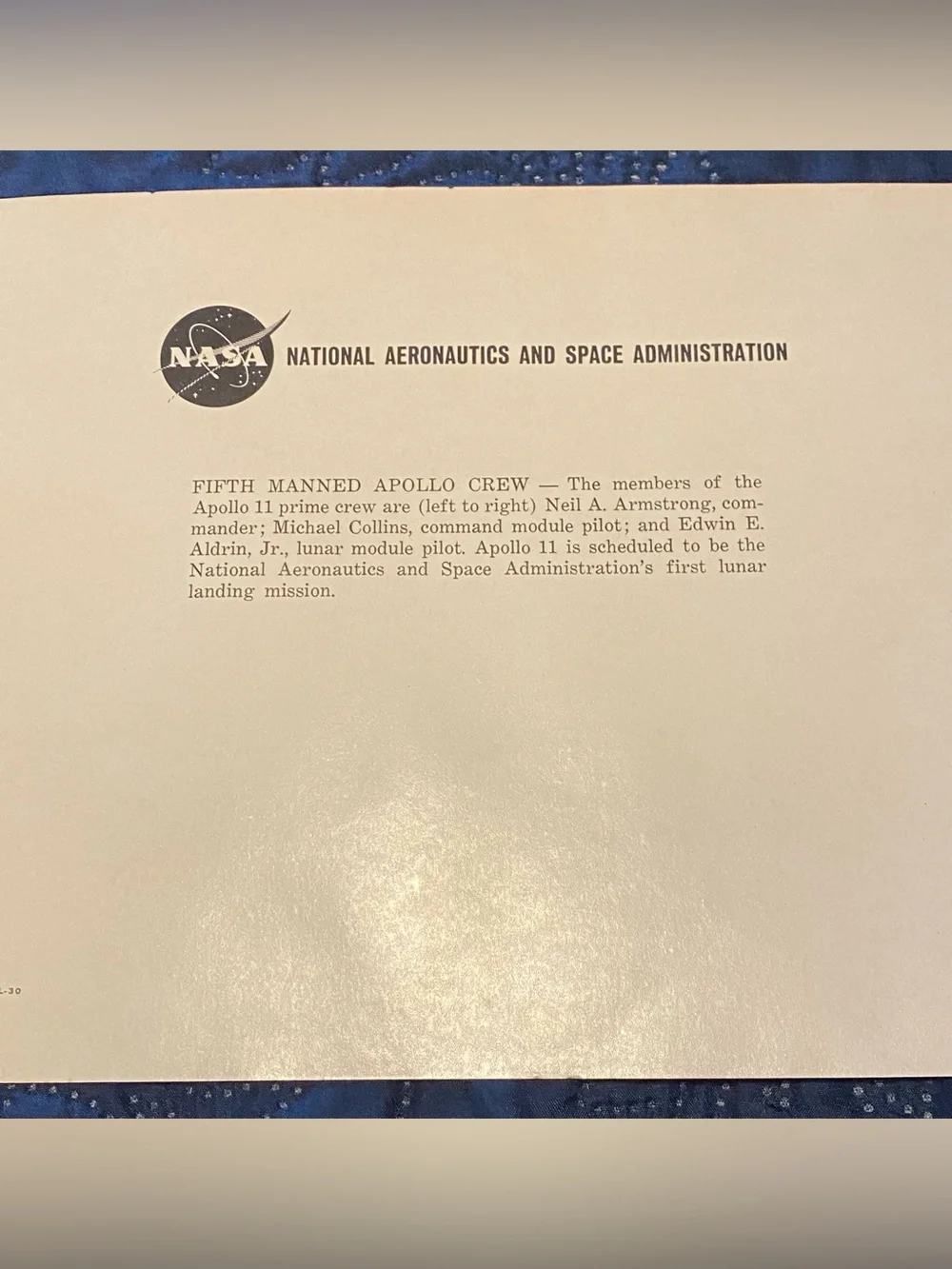 Vintage NASA Apollo 11 Crew Lithograph Print - White Space Suits